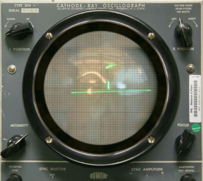 oscilloscope showing the first video game ever played: a ball, a net, and a line representing the ground