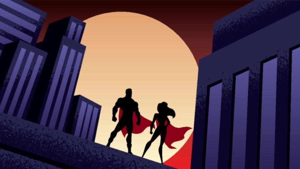 male and female superhero silhouette with full moon behind them