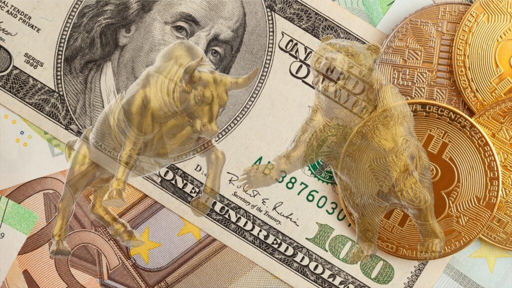 Gold bull, gold bear, 100 dollar bill, bitcoin, representing the stock market