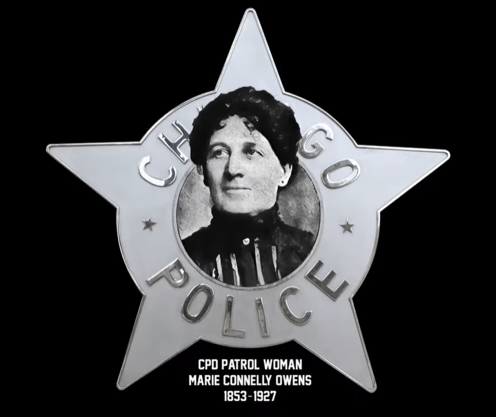 Chicago police star with a picture of Marie Owens, one of the first policewomen in the united states, in the center