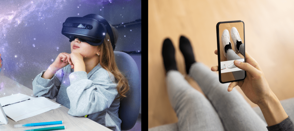 Left side: Little girl seeing the universe through virtual reality goggles. Right side: Woman using augmented reality on her smartphone to try on sneakers.