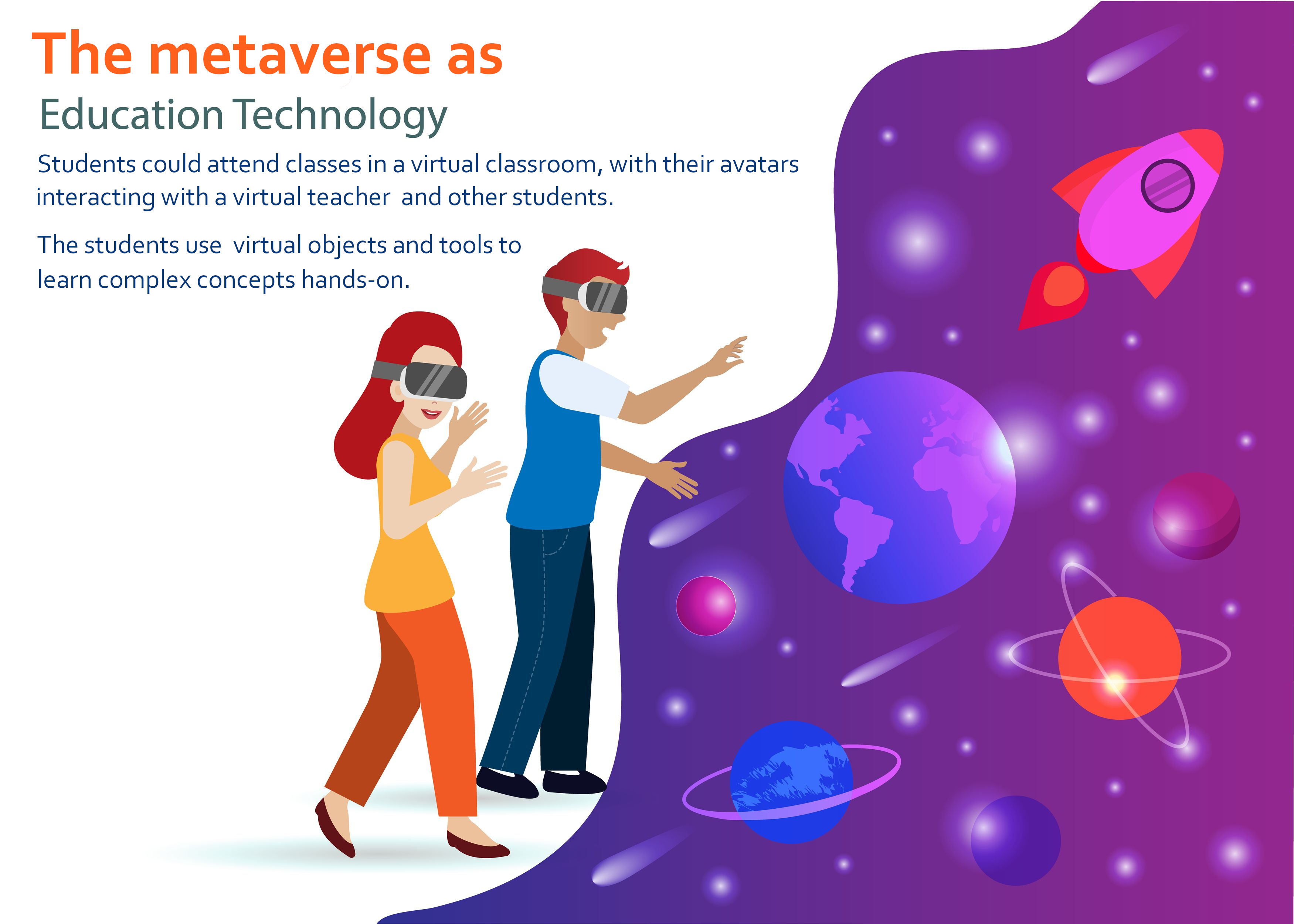 two children wearing VR headsets exploring the universe through the metaverse