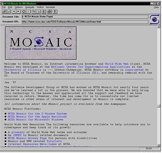 The look of the Mosaic web browser, the first graphical web browser released during the birth of the Internet